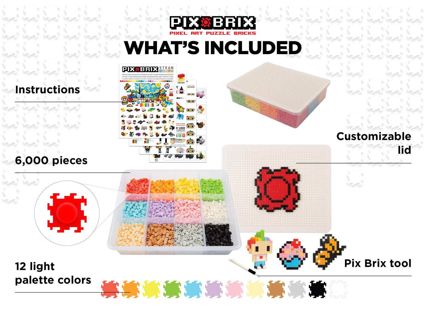 Pix Brix Pixel Art Puzzle Bricks, 6000 Pieces, Light Color, Model PBL6000C, Interlocking STEM Building Toys for Ages 6+