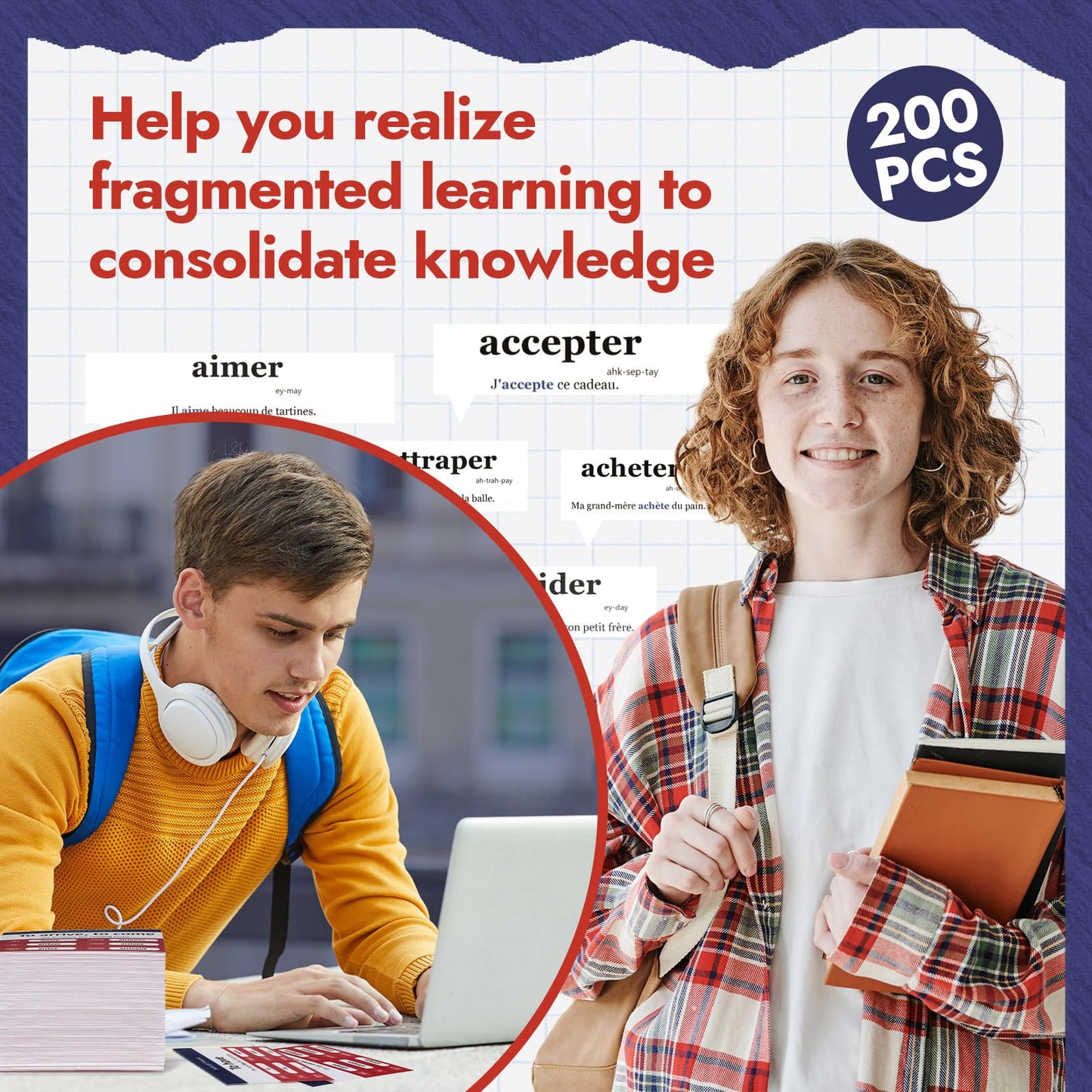 Resurhang 200 Pcs French Flashcards French Verb Conjugation Present Tense Flash Cards English French Flash Cards for mature-themeds Kids Study
