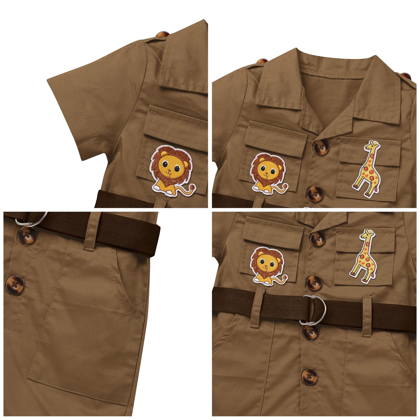 Baby Safari Outfit Wild One Birthday Outfit Girl Short Sleeve Safari Jumpsuit With Hat Toddler Zoo Keeper Costume Brown 2-3 Year