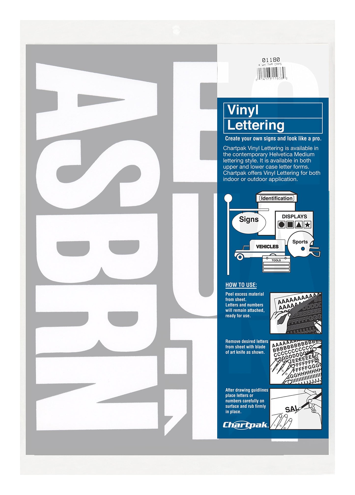 Chartpak Self-Adhesive Vinyl Capital Letters, 4 Inches High, White, 58 per Pack (01180)