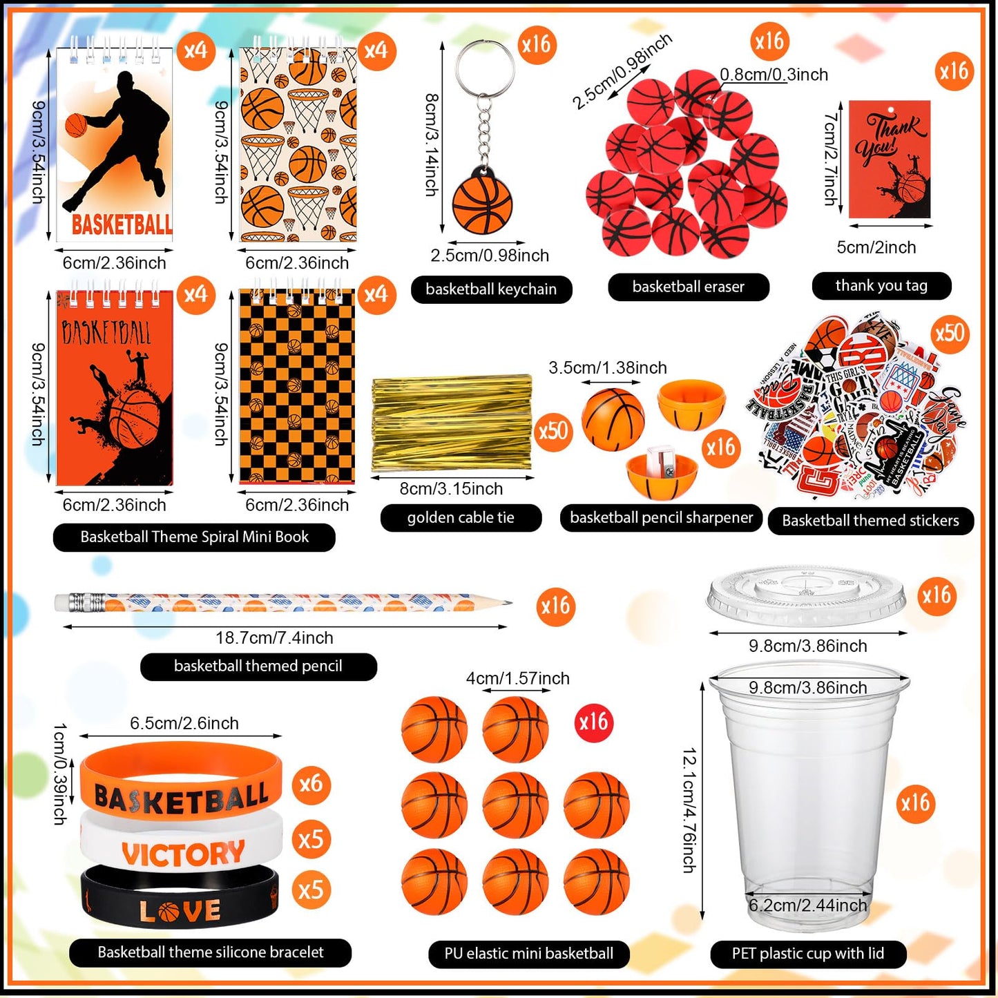 Colarr 195 Pcs Basketball Birthday Gifts Party Favors Gift Cups Pencils Mini Book Keychains Wristbands Stickers Thank You Cards
