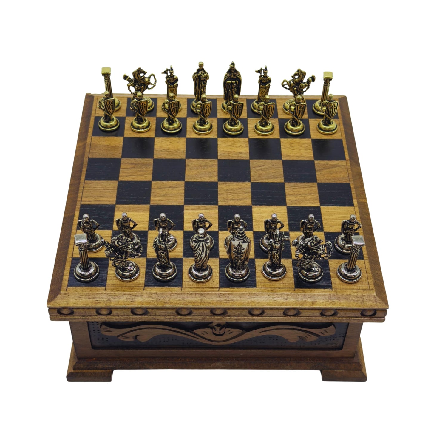 Wooden Chess Set with Storage - Handcrafted Chess Board and British Figure Metal Chess Pieces - Decorative Chess Game for mature-themeds & Kids - enhanced Gift for Family & Friends (Gold Chess Pieces)