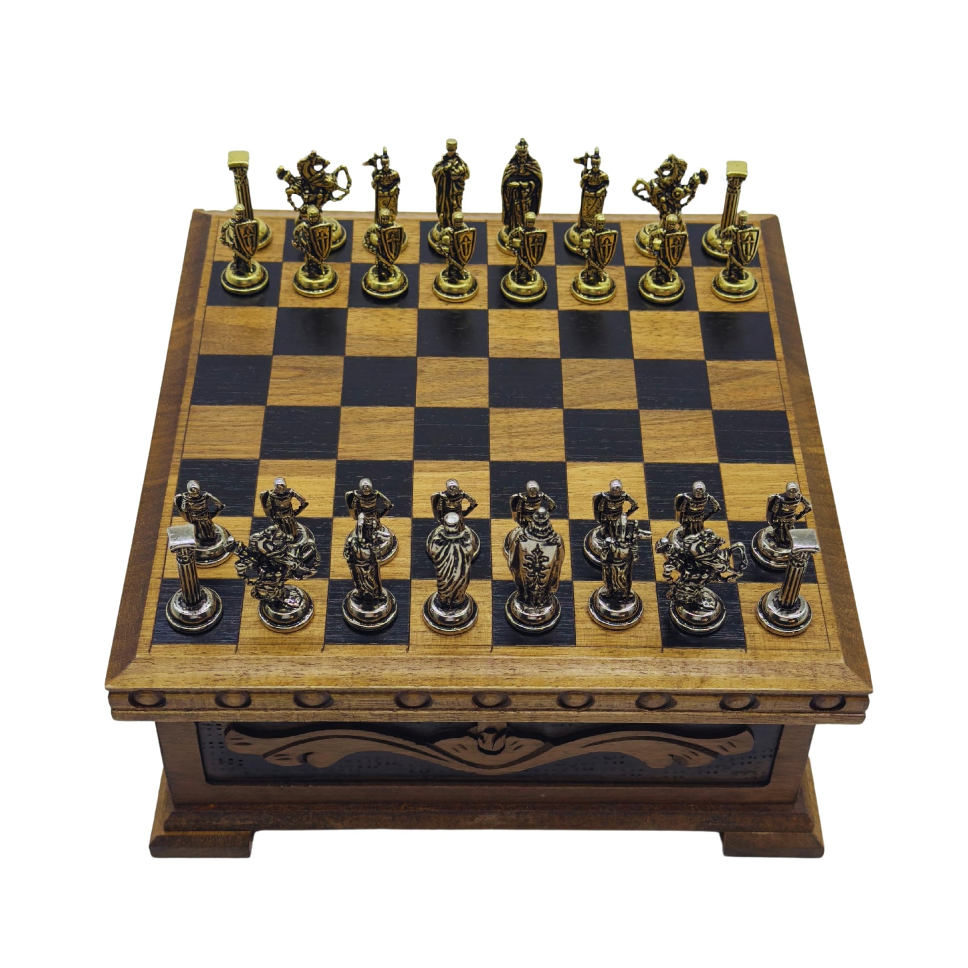 Wooden Chess Set with Storage - Handcrafted Chess Board and British Figure Metal Chess Pieces - Decorative Chess Game for mature-themeds & Kids - enhanced Gift for Family & Friends (Gold Chess Pieces)