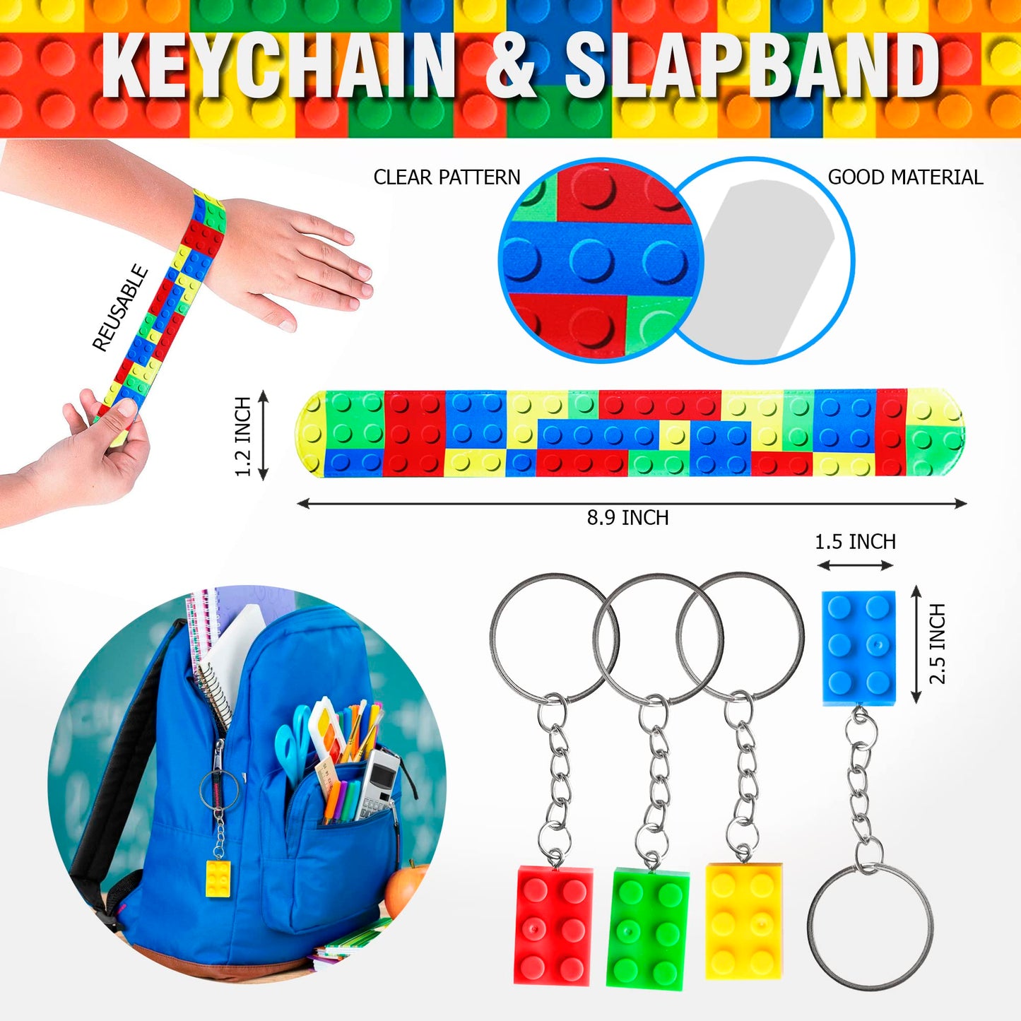 Empire Party Supply 60 Pcs Building Blocks Party Favors For Kids, Set Of 12 Brick Style Keychain Wristband Treat Bag Straws Stickers For Building Blocks Birthday Party Supplies