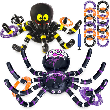 Max Fun Halloween Ring Toss Games For Kids, 2 Pack Inflatable Spiders Set Halloween Party Favor Supplies Holiday Carnival School Decoration Outdoor Indoor Spooky Creepy Game
