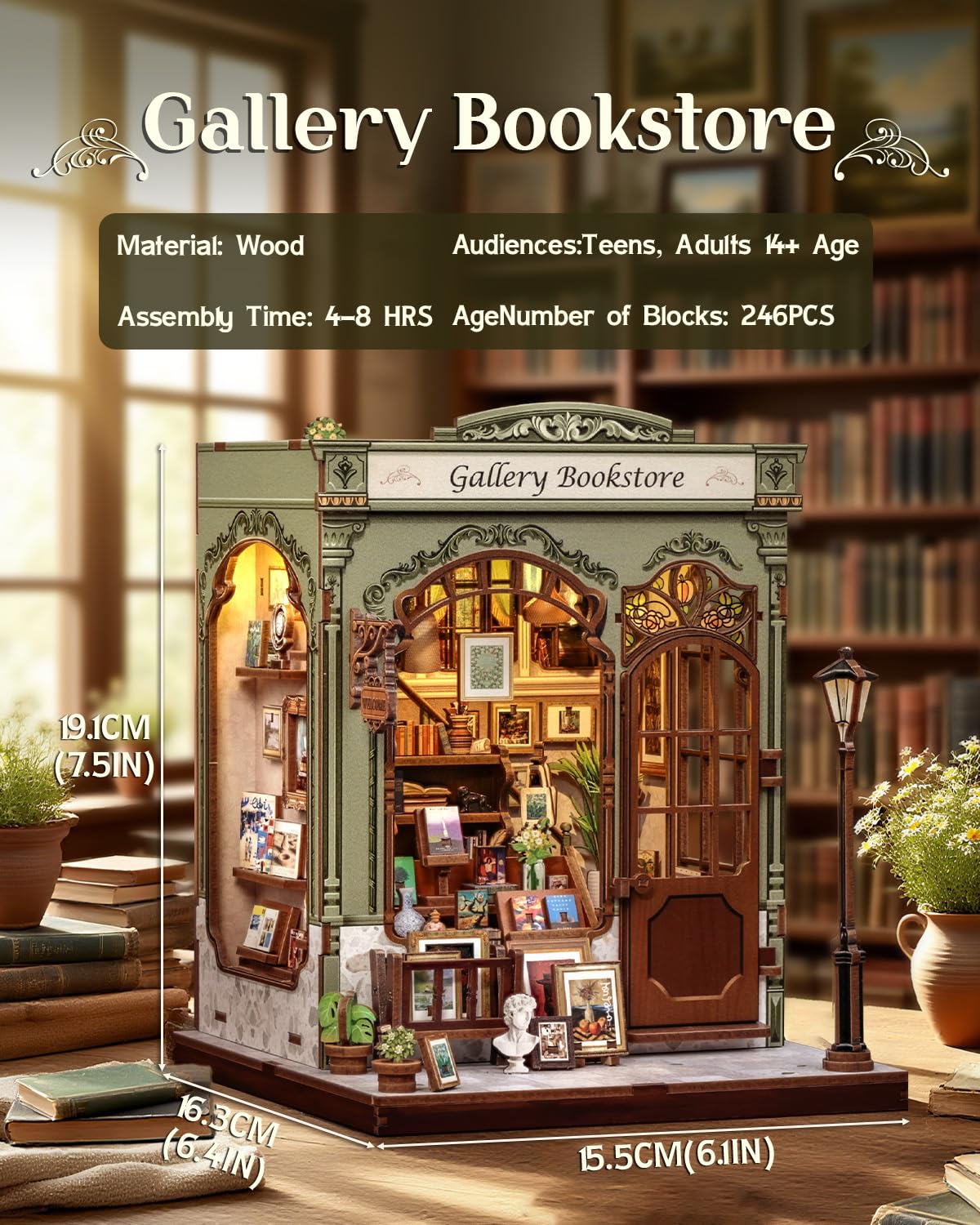 CUTEBEE DIY Book Nook Kit  Miniature House Kits for mature-themed and Teens  DIY Miniature Book Nook kit with Sensor Led Light  Gifts for Lovers and Family (Gallery Bookstore)