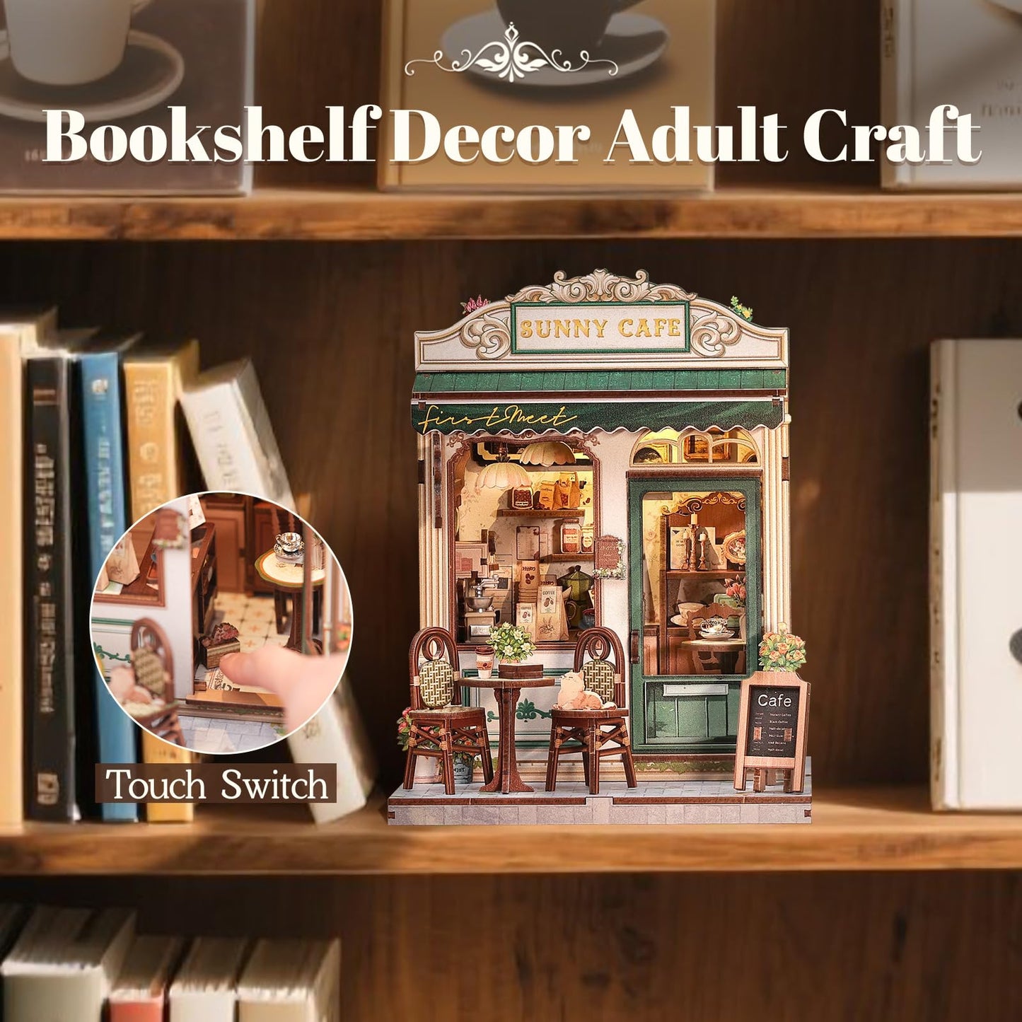Fsolis Book Nook Kit - DIY Scene Miniature Dollhouse Kit for mature-themeds Bookshelf Puzzle Tiny House Mini Craft Coffee Shop Model Bookshelf Decor Gifts for Women Book Lovers Puzzle Beginners (Sunny Cafe)