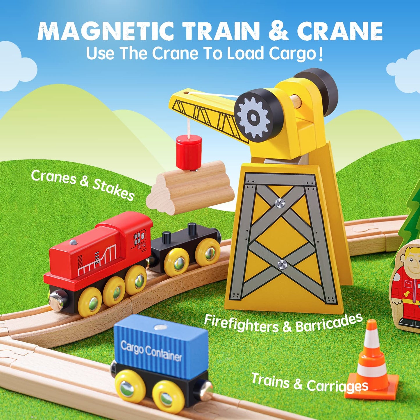 Tiny Land Wooden Train Set - 55PCS Educational Toy for Toddlers & Kids 3-7, Durable Tracks Compatible with Major Brands, Wood Color