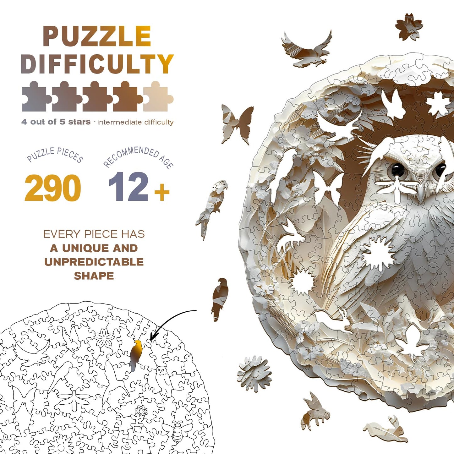 Wooden Puzzles for mature-themeds - 3D Vision Effects Owl Wooden Jigsaw Puzzle - Unique Animal Shaped Wood Puzzles mature-themed - Creative Birthday Gift Family Game (290pcs)