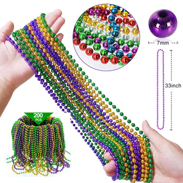 Elefama 200PCS Mardi Gras Beads Necklaces Bulk 33 Inch 7 mm Purple Blue Pink Silver Gold Red Green Mardi Gras Beaded Necklaces G