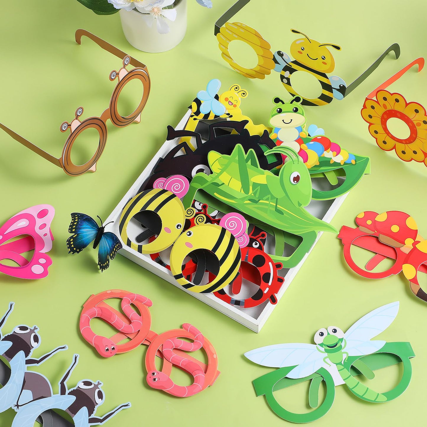 Harrycle 32 Pcs Spring Insect Party Favors Summer Bugs Paper Glasses Frame Insect Photo Booth Props Eyeglasses for Spring Bugs B