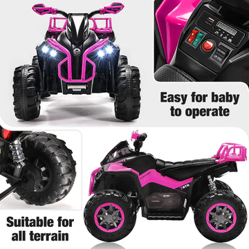 Soar Four Wheeler For Kids - Electirc Toddler 4 Wheeler For Kids 3-6, Ride On Atv 12V Battery Powered, Kids Quad With Led Lights, Music, High Low Speed, Usb/Tf, Treaded Tires, Pink