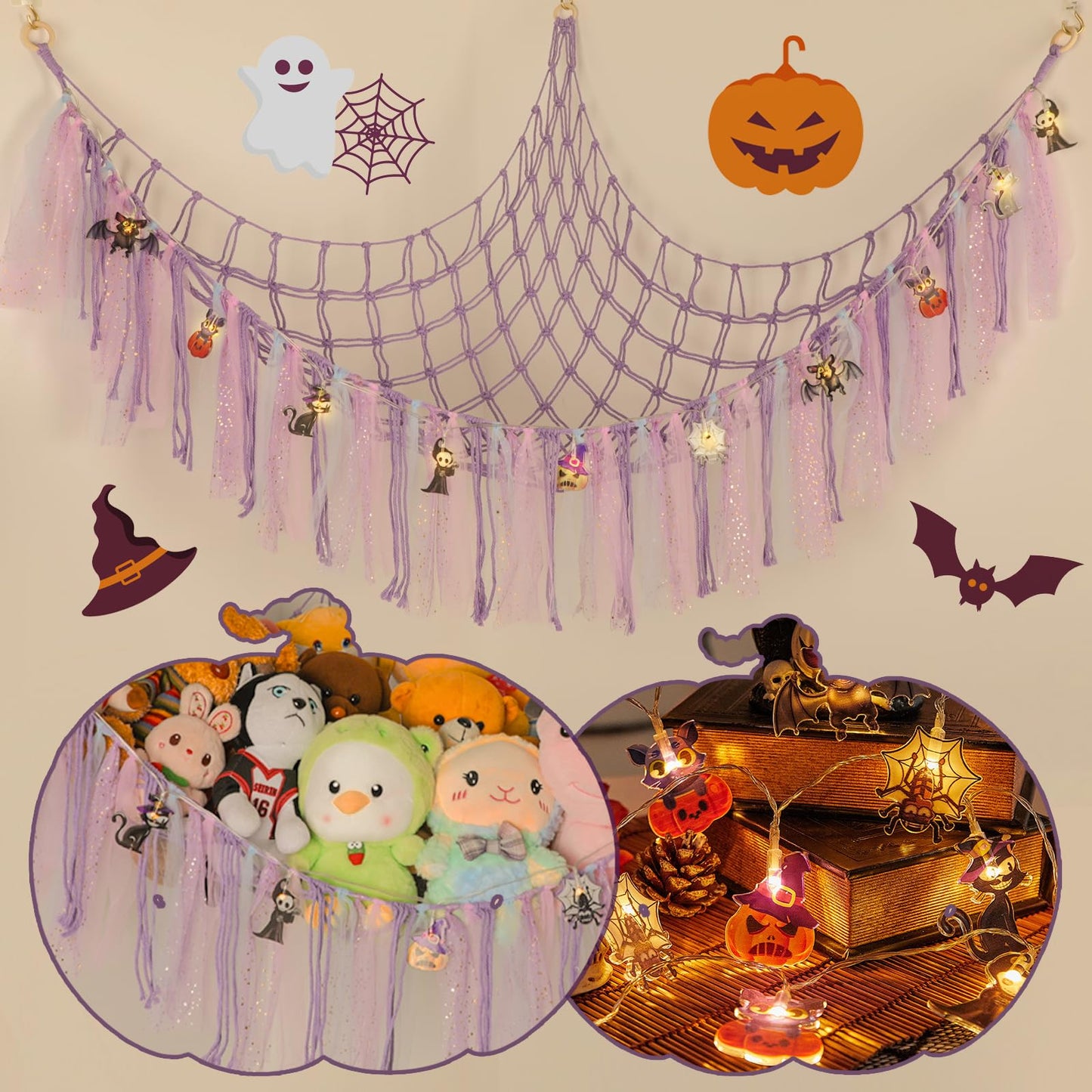 Yelienm Stuffed Animals Net Or Hammock With Halloween String Lights, 59 Inch Toy Hammock Halloween Gifts For Kids Hanging Stuffe