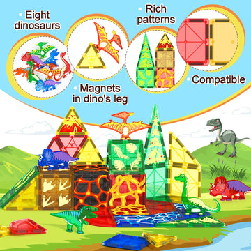 102Pcs Dinosaur Toys Magnetic Tiles With 8 Dinosaurs - Jurassic Scenes Dinosaur World Adventure Set, Magnetic Blocks Kids Toys For Boys & Girls Ages 3+, Sensory Toddler Toys Creative Kids Games Gifts