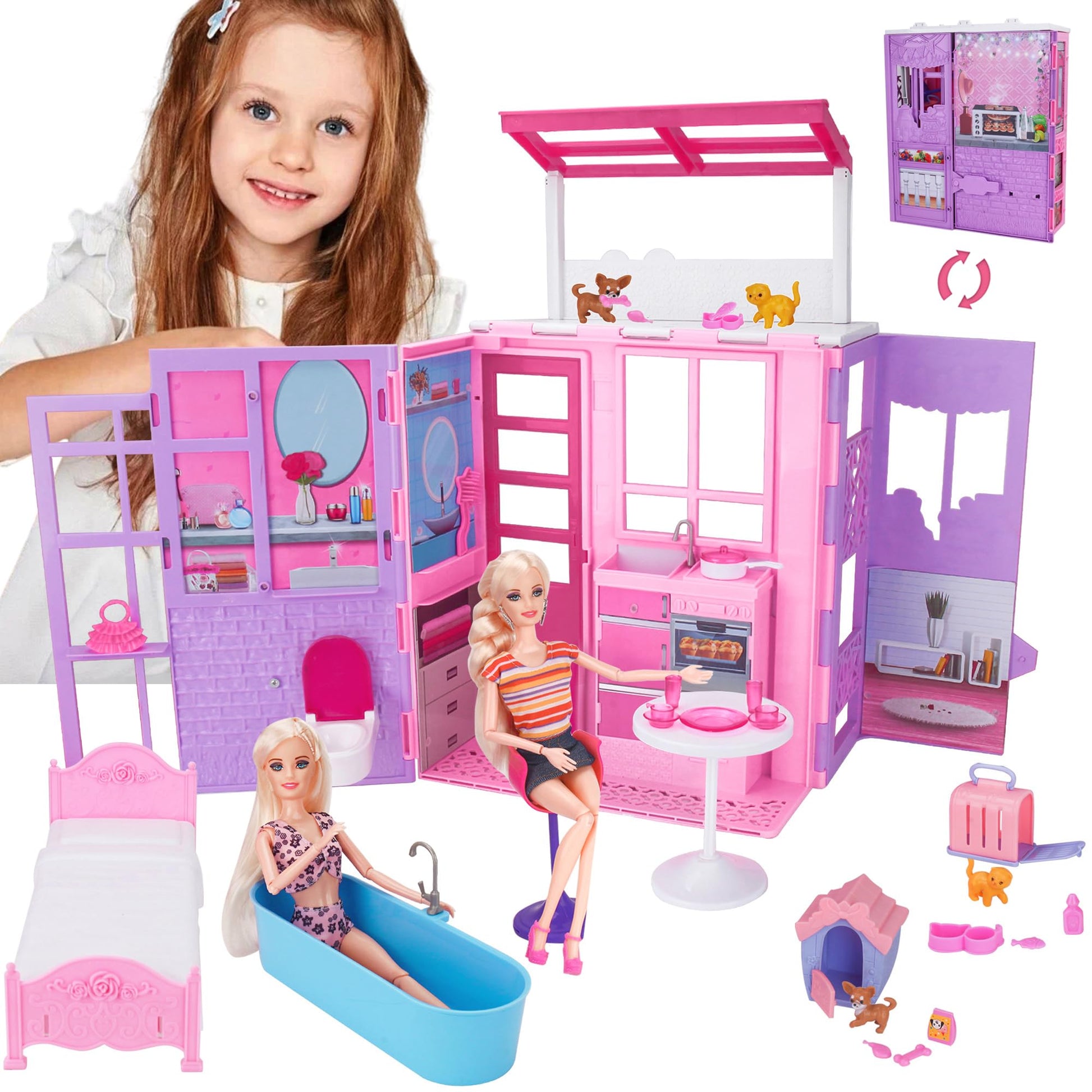 Doll House Playset For Girls, Portable Dollhouse Toy With Furniture & Accessories Including Kitchen, Bedroom, Bathroom, Pet Hous