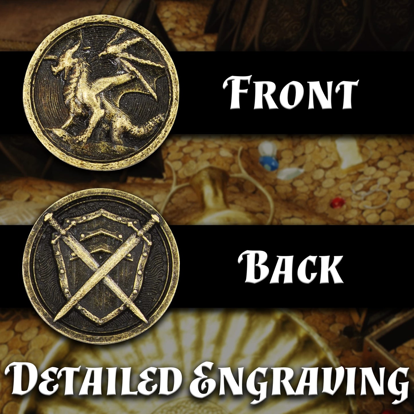 CASEMATIX Metal Coins and Pouch for Tabletop RPG Board Games - 100 DND Coins Fantasy Coins with Dragons & decorative replica blade and Shield Engraving  Metal Tokens for Board Games with PU Leather Bag
