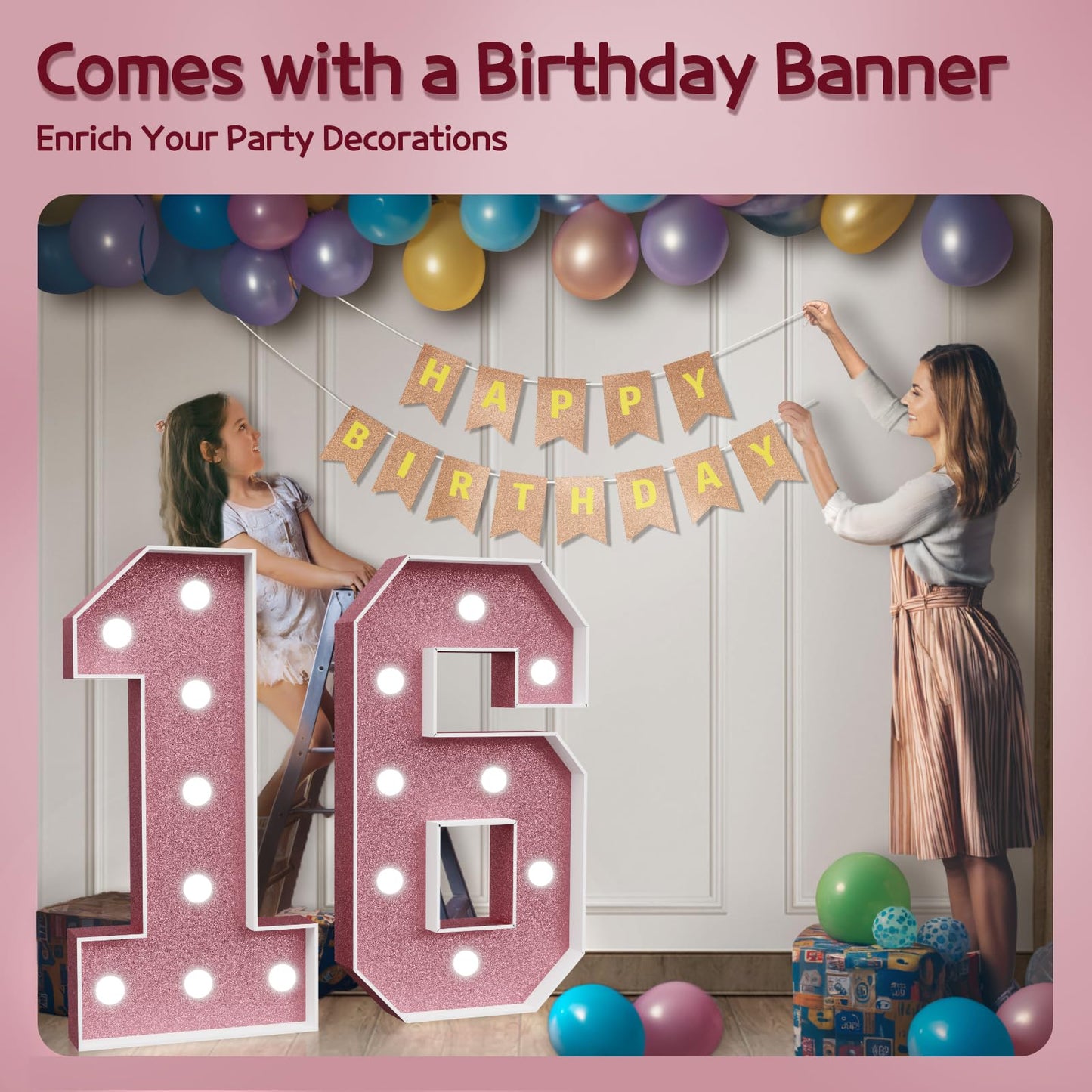 Marquee Numbers Pink 16Th-Birthday Decorations: Large 3Ft Light Up Number Rose Gold Sweet 16 Party Decoration For Boy Girl Sixte