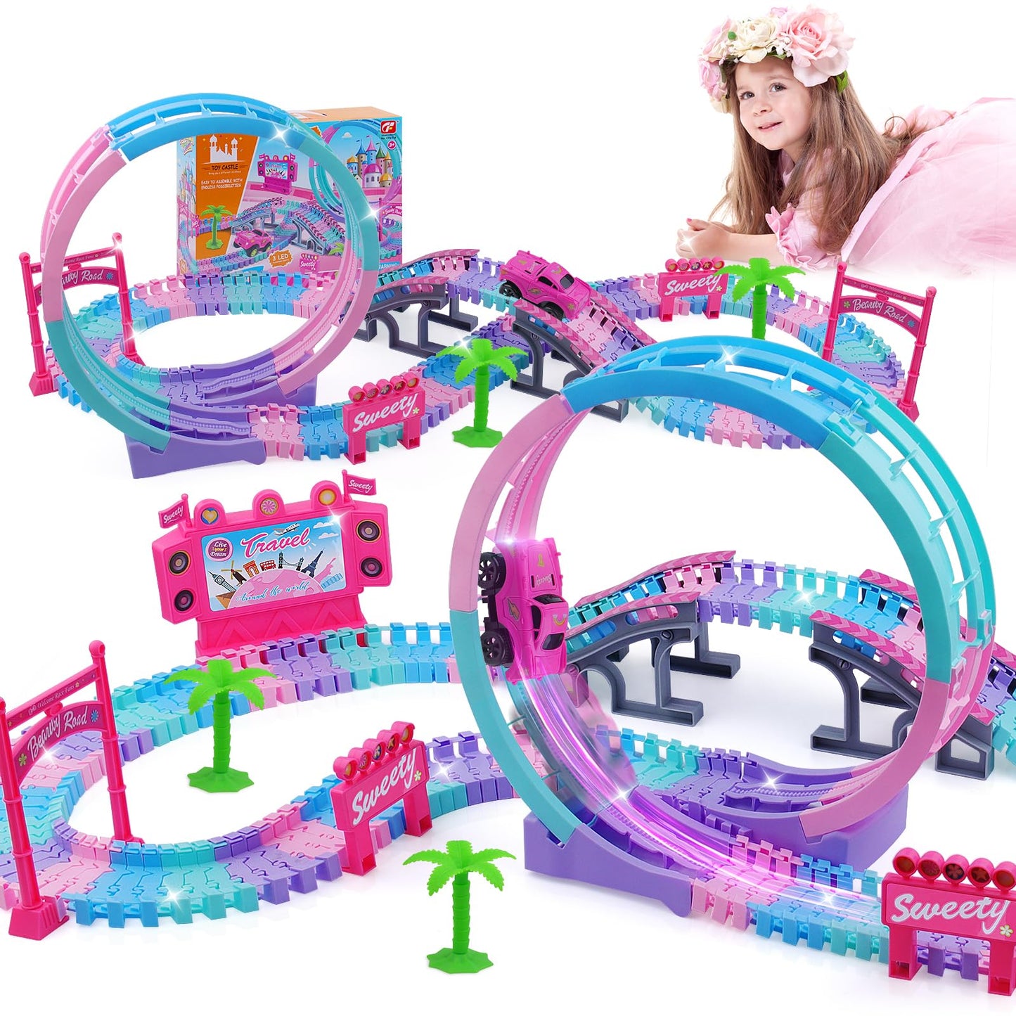 Track Set Magic Toy Car for Kids, 144Pcs Flexible Race Car Tracks with 360 Loop Slope Ramp, Glow in The Dark Car, Construction T
