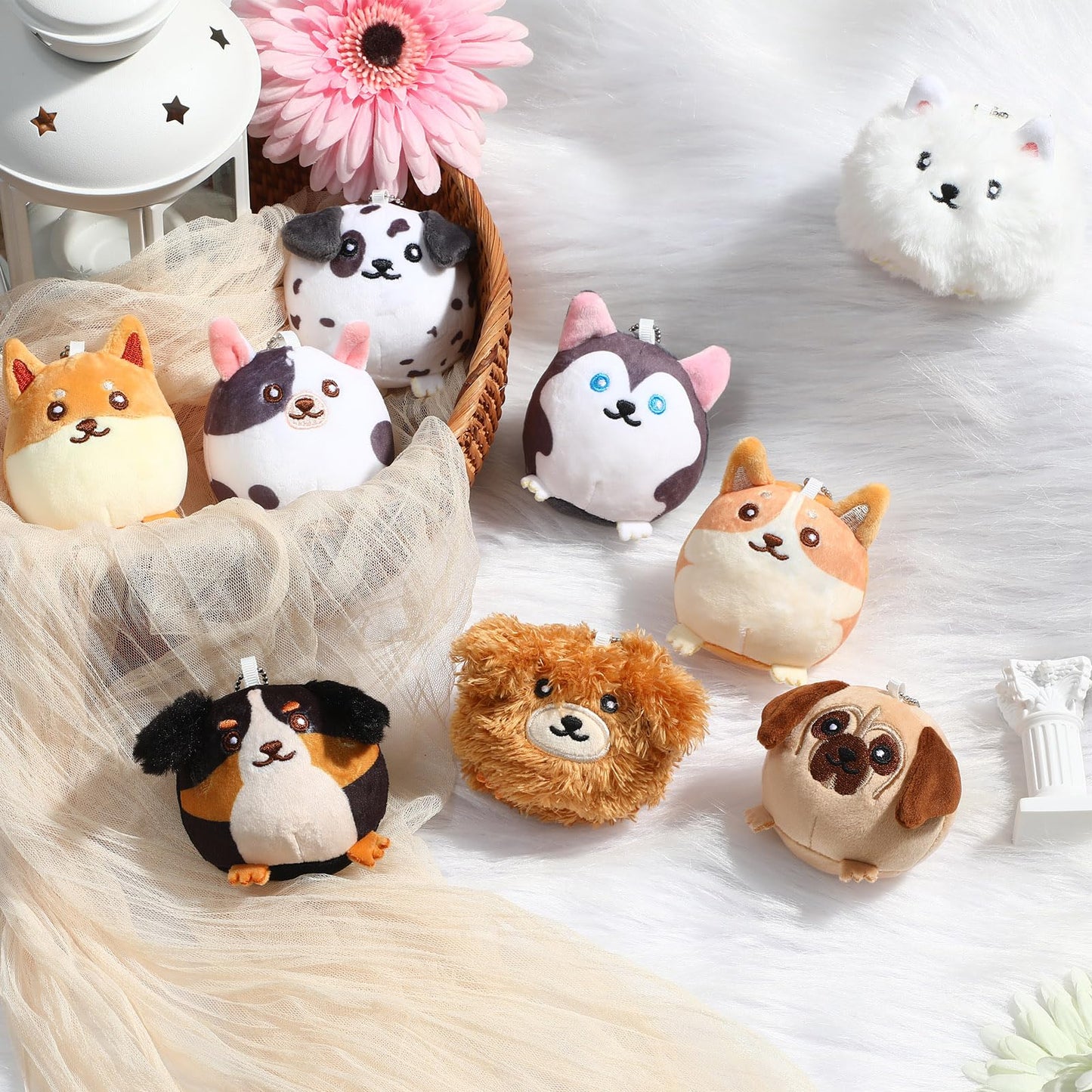 Halloscume 18 Pcs Mini Plush Cat Puppy Stuffed Animals Bulk 3.15 Inch Small Kitten Dog Animal Toys Keychains Set For Birthday Ea