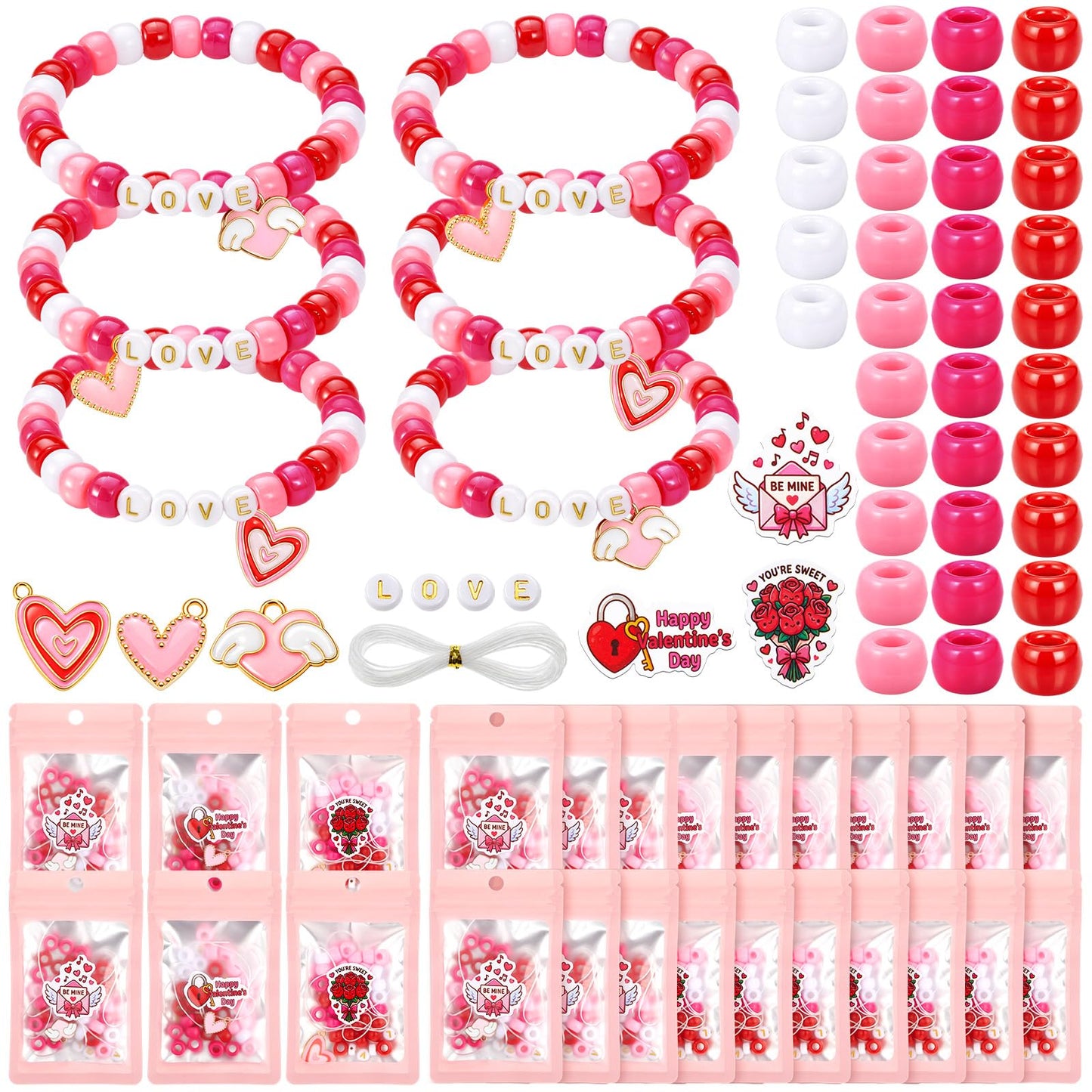 Batiyeer 18 Set Valentines Day DIY Bead Bracelets Gifts for Kids, Heart Charms for Jewelry Making, Class Valentines Gifts Exchan