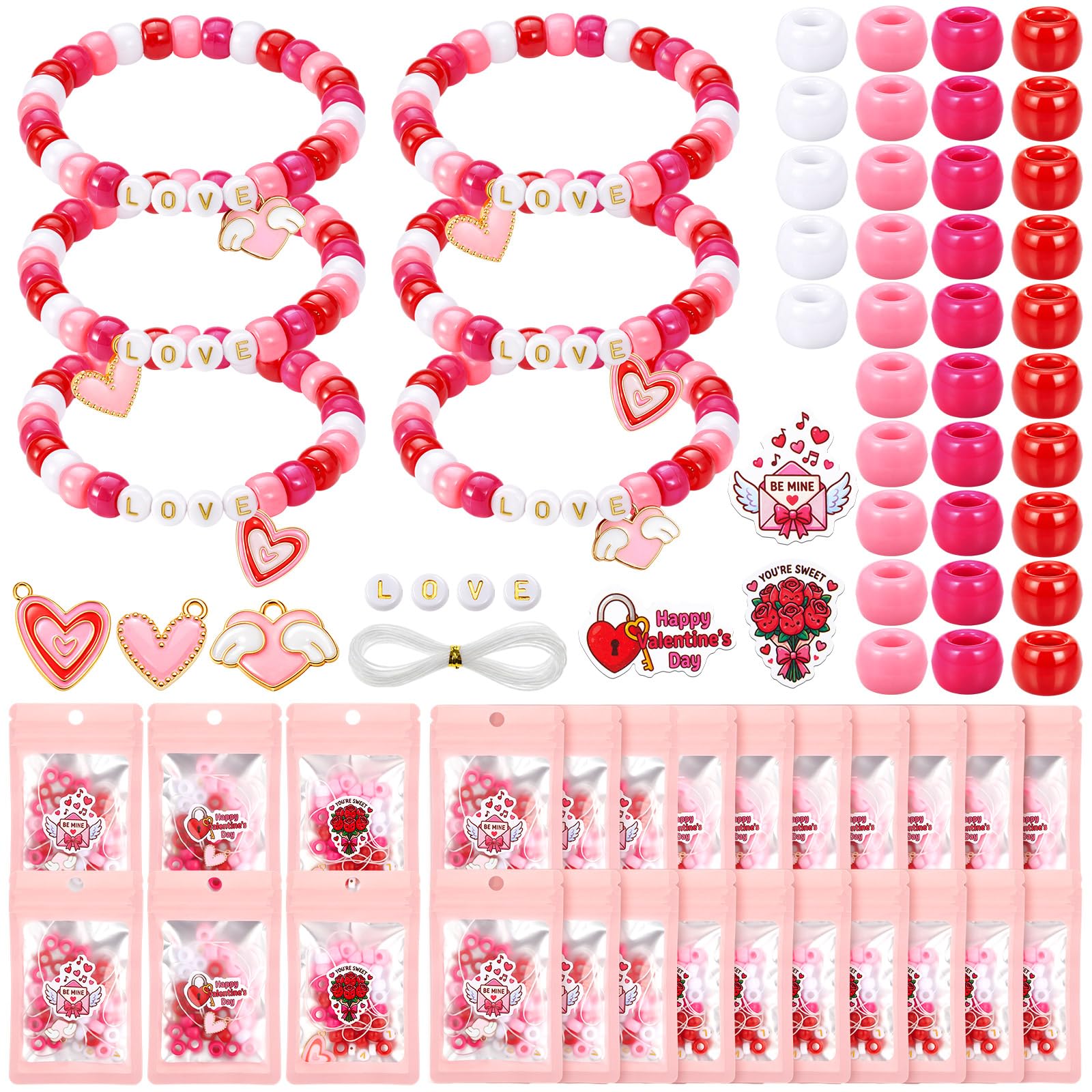 Batiyeer 18 Set Valentines Day DIY Bead Bracelets Gifts for Kids, Heart Charms for Jewelry Making, Class Valentines Gifts Exchan