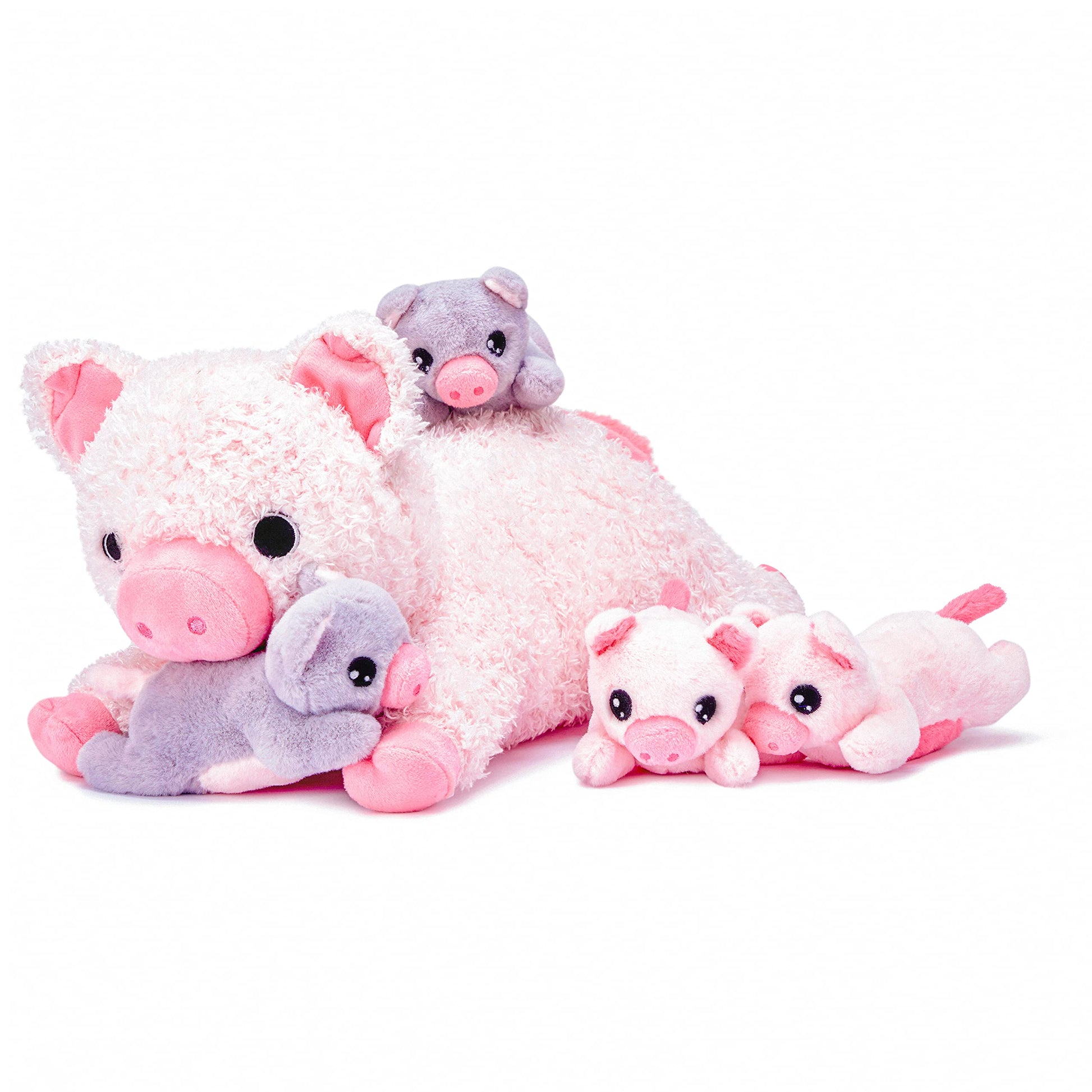 Ikasa Mommy Pig Stuffed Animal Mom And Baby Plush Toy,Cute 16' Soft Small Fluffy Mama Family Set Toys With Little Mini Babies,Gifts For Kid