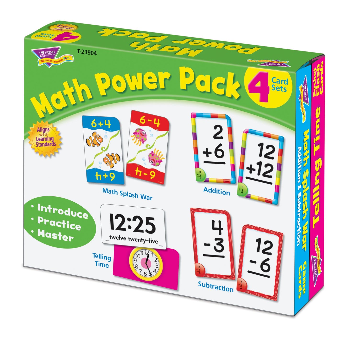 Trend Enterprises: Math Power Pack, 4 Flash Card Set Includes Math Splash War, Addition 0-12, Subtraction 0-12, Telling Time Flash Cards, Self-Checking Design, For Ages 3 And Up