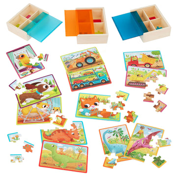 B. Toys- Pack O' Puzzles 3-Pack - Pets, Dinos & Trucks- Wooden Puzzle Box Set – 3 Puzzle Boxes, 12 Puzzles – 4 Dinos, 4 Pets, 4 Trucks – 12-Piece Jigsaw Puzzles For Kids – 3 Years +
