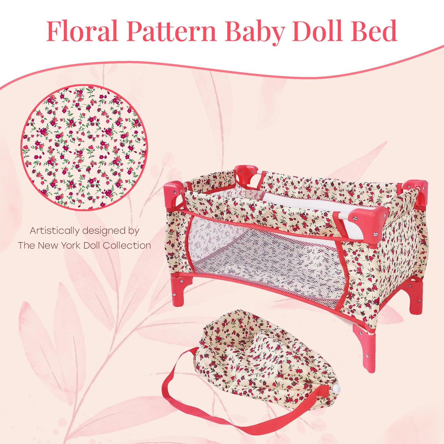 The New York Doll Collection Baby Crib Set For Little Girls, Play Bed, Pack And Beds 18 Inch Dolls, Toy Doll, (Floral)
