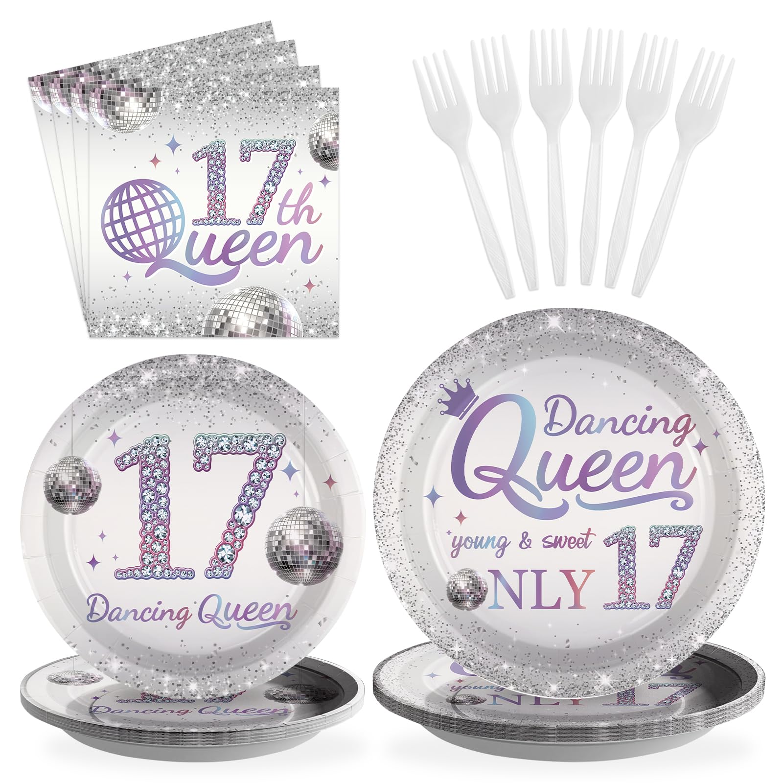 Grencian 96 Pcs Dancing Queen 17th Birthday Party Supplies Dancing Queen 17th Paper Plates and Napkins Disposable Silver Disco P