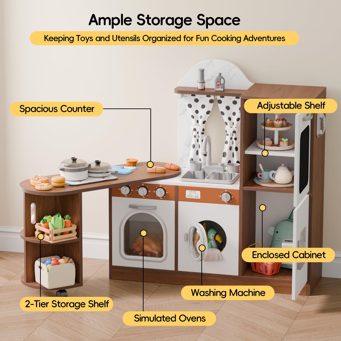 Wooden Corner Play Kitchen With 180 Rotating Design, Kids Kitchen Playset With Interactive Lights & Sounds, Toddler Kitchen Set