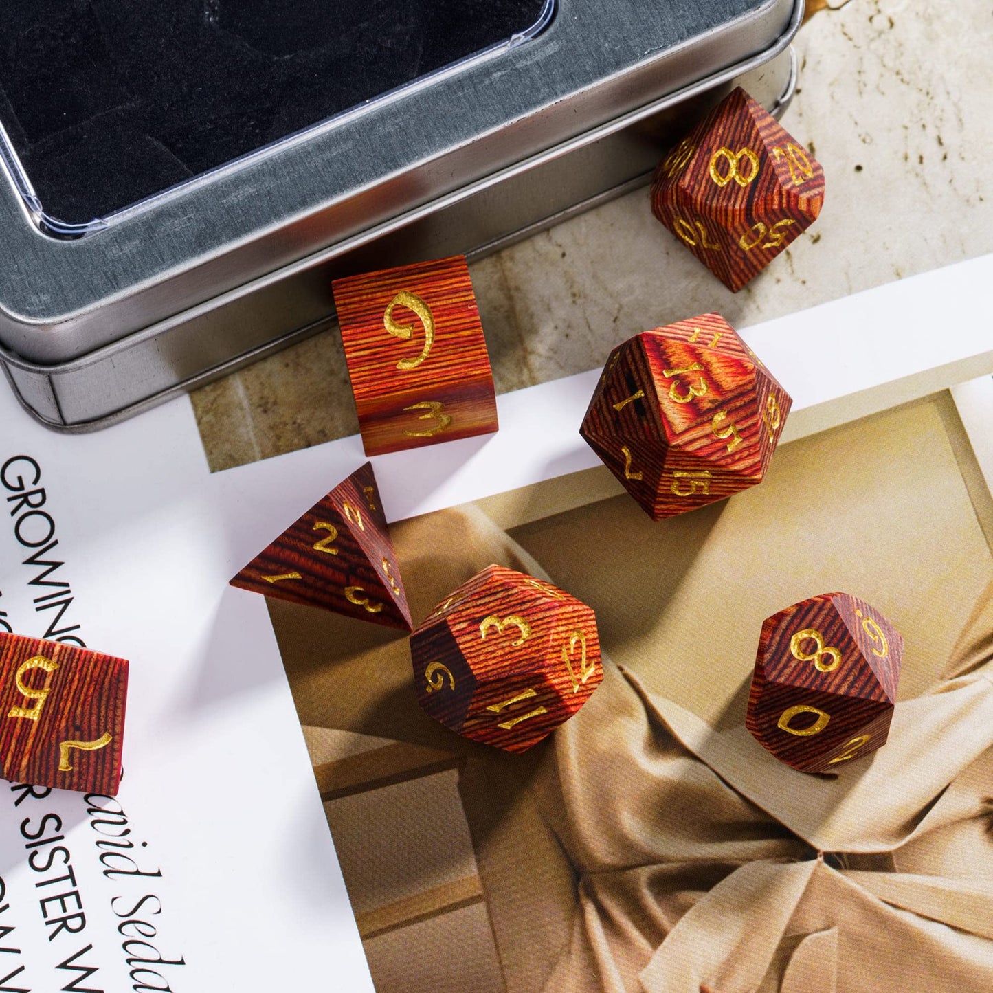 Hddais Dnd Dice Set, 7Pcs D&D Dice Set With Iron Box, Wood Polyhedral Dice Set For Dungeons And Dragons Role Playing Games(Red B