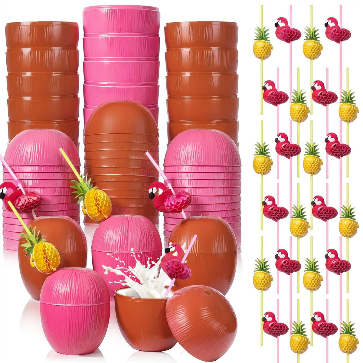 CHENGU 48 Pcs Coconut Cups Party Set, Pink,Brown