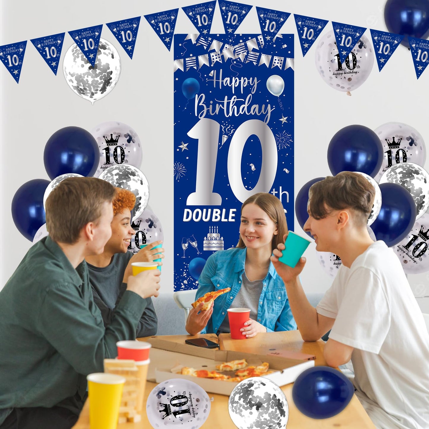 10Th Birthday Decorations For Boys Girls, Navy Blue Silver Happy 10Th Birthday Double Digits Door Banner Decorations, 32 Number
