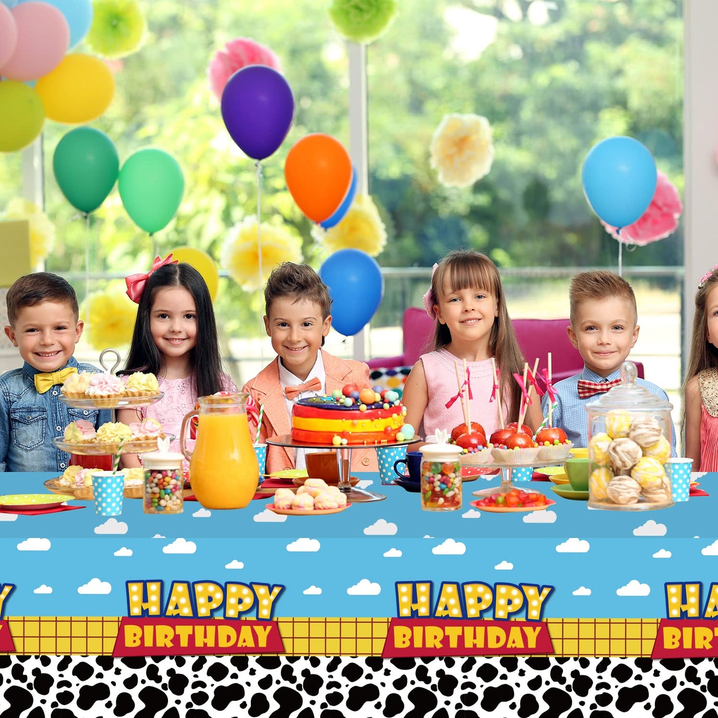 3 Pack Cartoon Story Birthday Party Supplies Cow Pattern Printed Table Cover Blue Sky and White Cloud Tablecloths Cow Birthday P