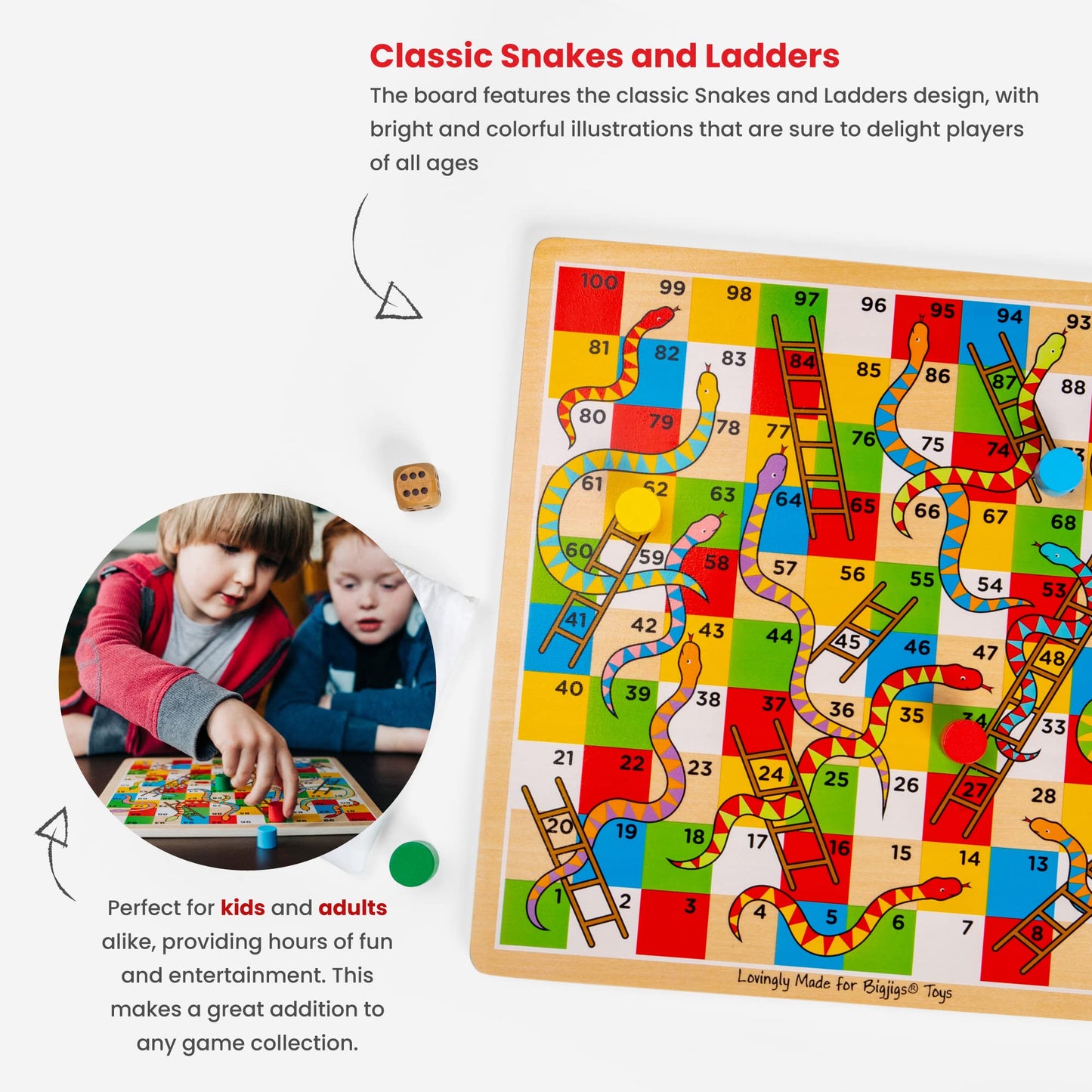Bigjigs Toys Traditional Snakes and Ladders Game - Quality Snake and Ladders Family Games for Kids and mature-themeds  Up to 4 Players  Board Game Includes Counters & Dice