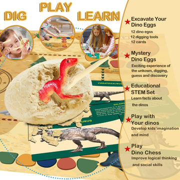 Stuffed Easter Eggs Basket Stuffers - 12 Dinosaur Toys Easter Gifts For Kids Dino Fossil Eggs Dig Excavation Kit W Play Mat Christmas Birthday Gift For Boys Girls Ages 3 4 5 5-7 6 7 8 + 8-13 Years Old