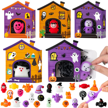 CY2SIDE 24 Pack Halloween Squishy Toys with Haunted House Gift Box and Raffia Filler for Kid  Halloween Miniature Novelty Toy Trick or Treat Goodie Bag Stuffed Party Favor for School Reward Supplies