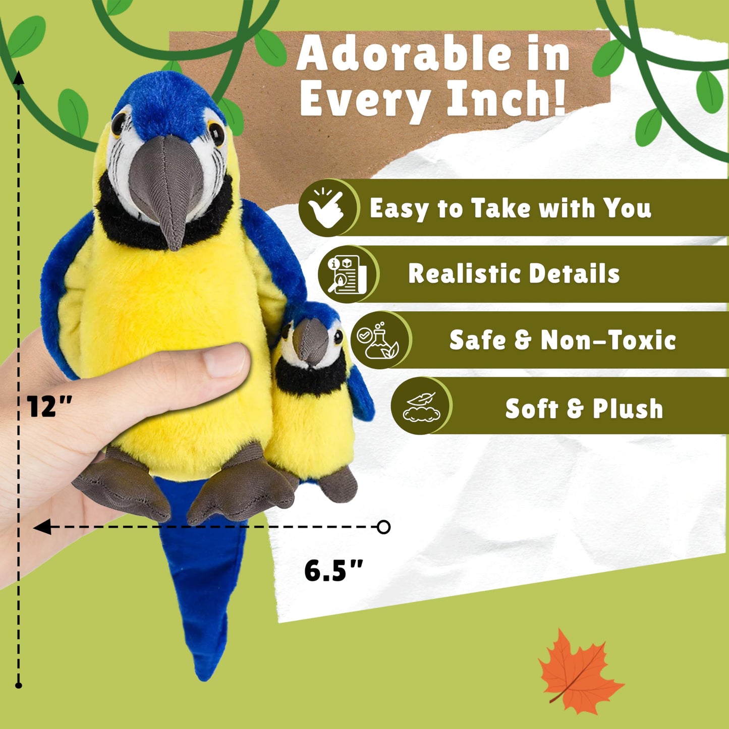 Forest & Twelfth Mom And Baby Mini Macaw, Stuffed Animal For Boys And Girls, Bird Baby Shower Decorations, Nursery Decor, Soft Stuffed Macaw, Plush Toy, Huggable