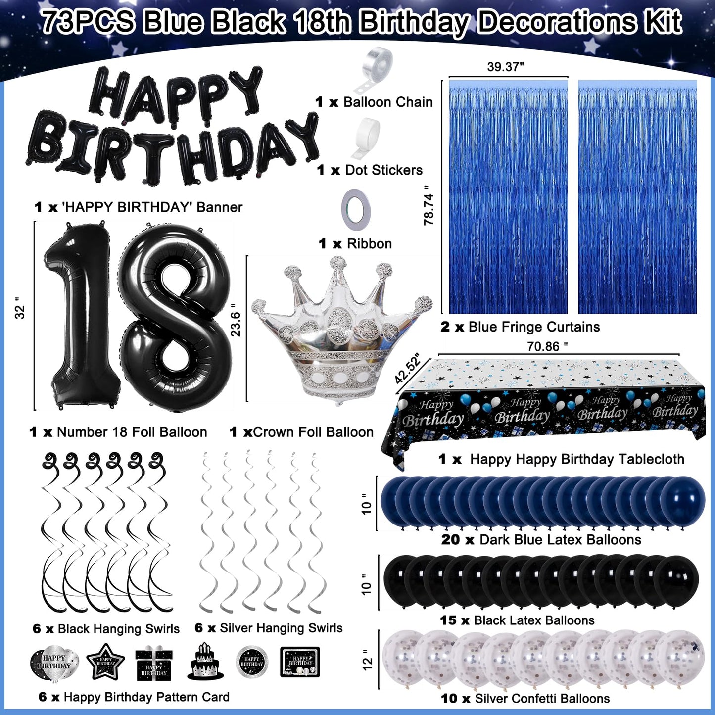 18Th Birthday Decorations For Boys, 73Pcs Blue Black Happy 18Th Birthday Decorations For Girls, 18 Years Old Birthday Balloons B