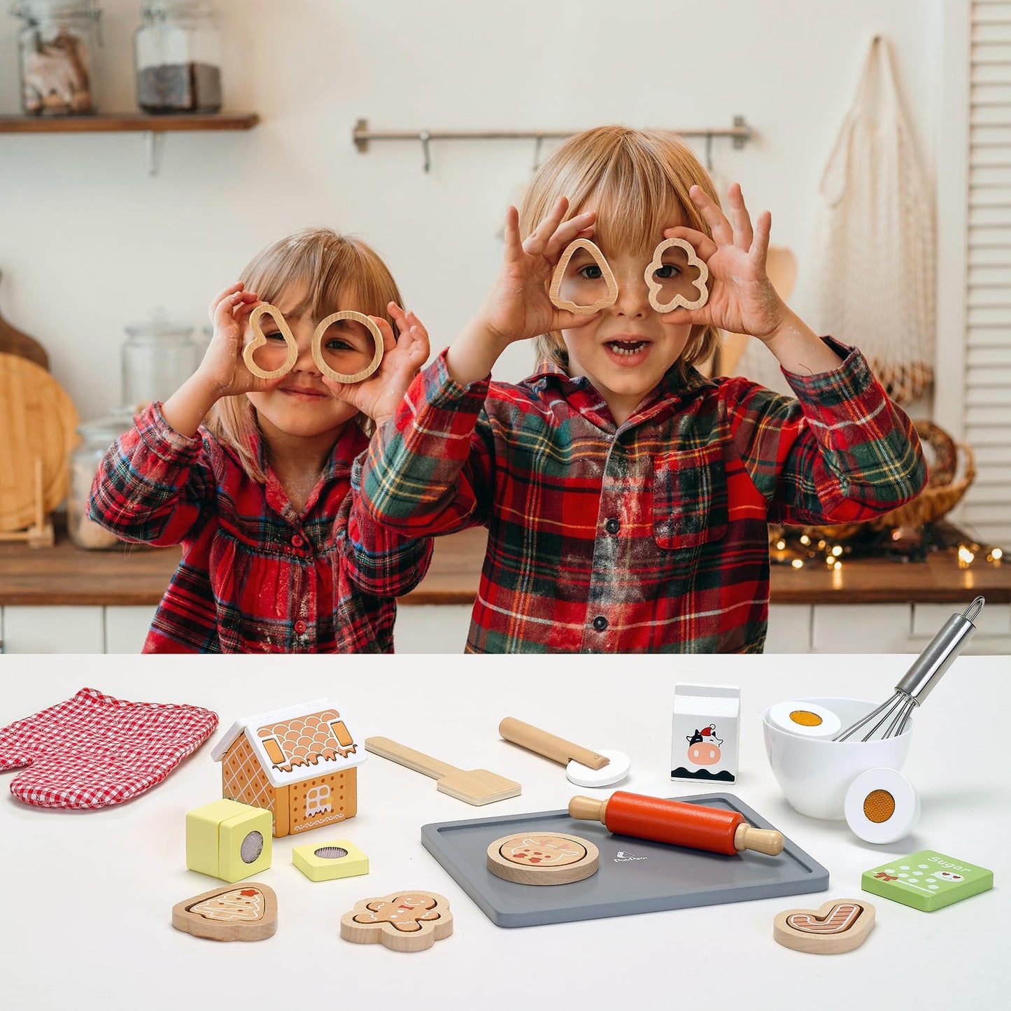 PairPear Gingerbread House Baking Playset - 29-Piece Wooden Christmas Kit for Kids - Educational Pretend Play Food, Child-Size