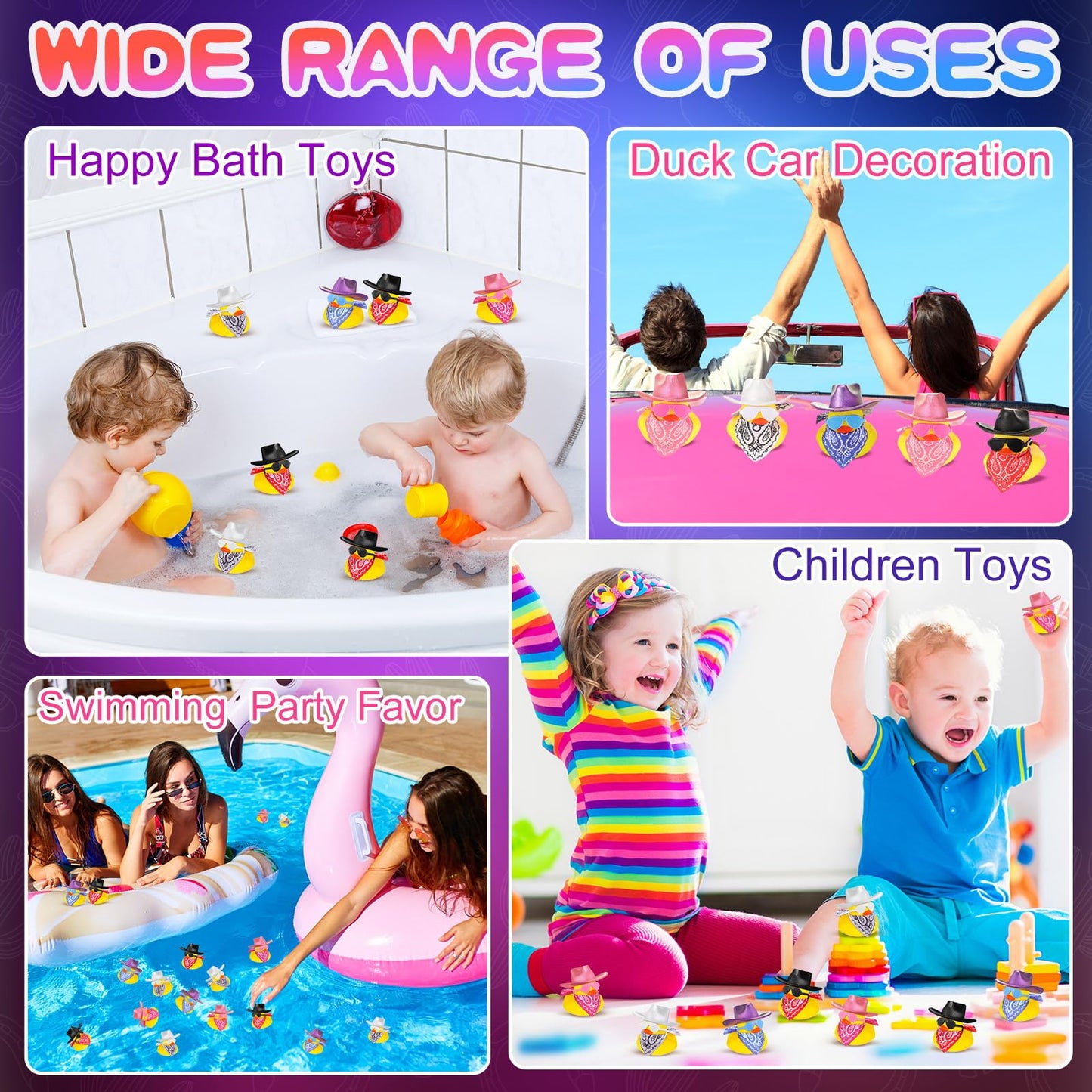 Hanaive 24 Sets Disco Cowboy Rubber Duck with Light up Mini Holographic Space Hat Scarf Sunglasses Cute Bath Rubber Duck Bathtub Accessories Toy Baby Shower Birthday Christmas Supplies (Bright Neon)