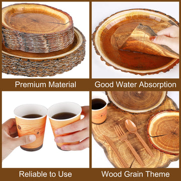 Durony 350 Pieces Camping Wood Grain Slice Tableware Set Rustic Camo Hunter Plates Napkins Cups Cutlery Hunting Birthday Party D