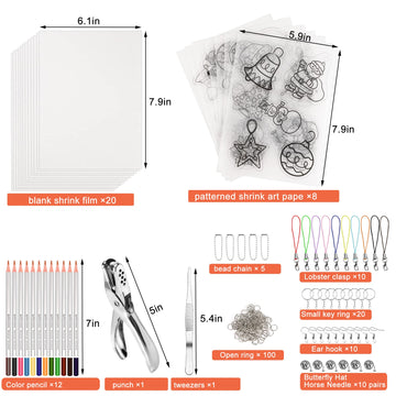 NOVWANG 198 Pieces Heat Shrink Plastic Sheet Kit Include 28 Pcs Shrinky Paper, Hole Punch, Keychains Accessories and Pencils for