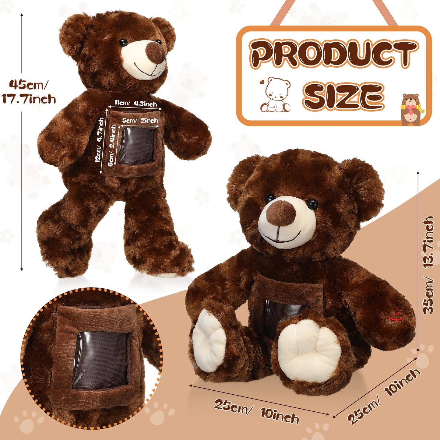 Leyndo Bear With Voice Recording Remembrance Stuffed Animal With Picture Recordable Messages Memorial Toy For Baby Shower Birthday Gift, Recording Gifts(Dark Brown, 18 Inch)