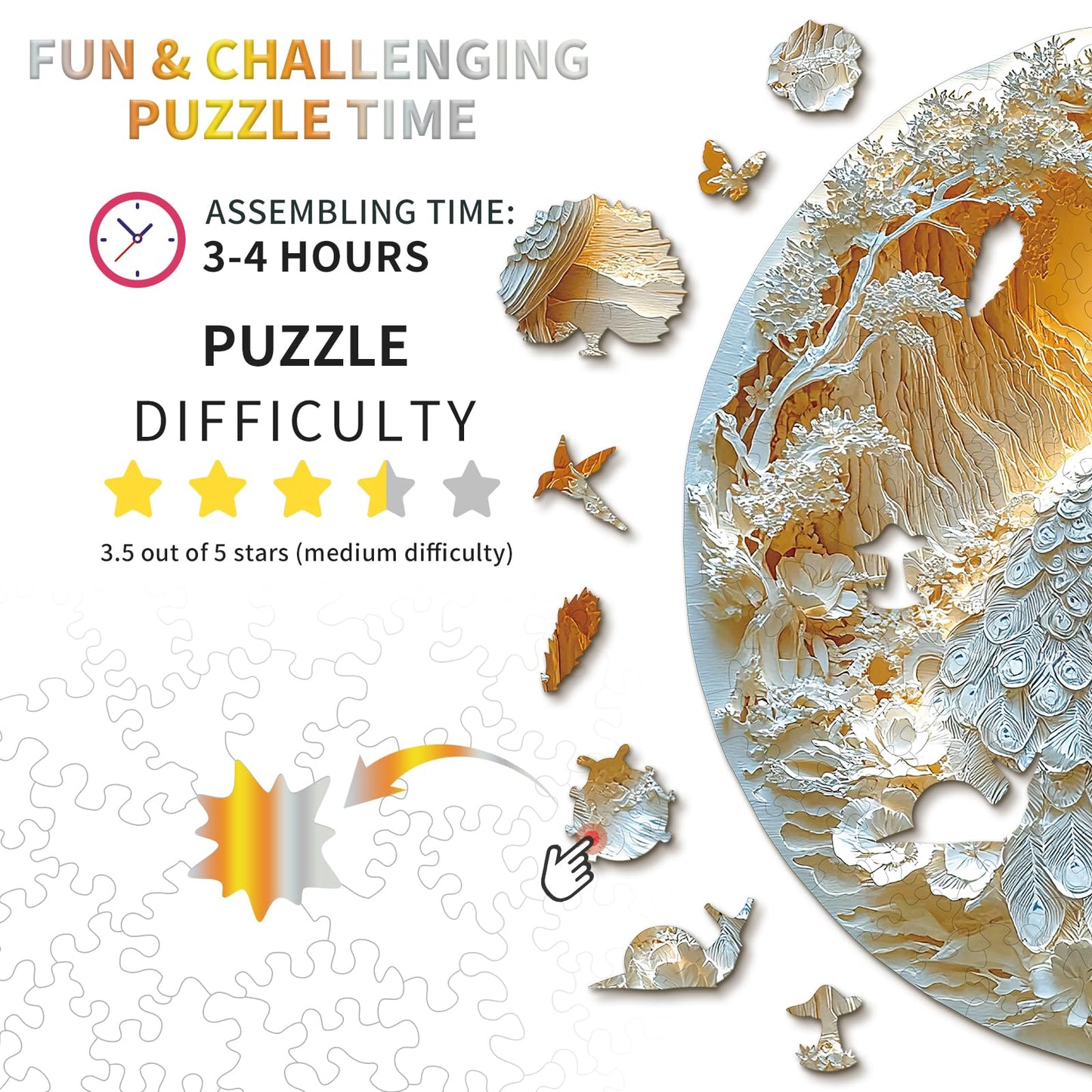 KAAYEE Wooden Puzzles for mature-themeds  Beautiful Peacock Wooden Jigsaw Puzzle Unique Shape Wood Puzzle mature-themed  3D Visual Effect Birthday Gifts for Puzzle Lovers Family Games (XL-17.2 * 17.2 in-423pcs)