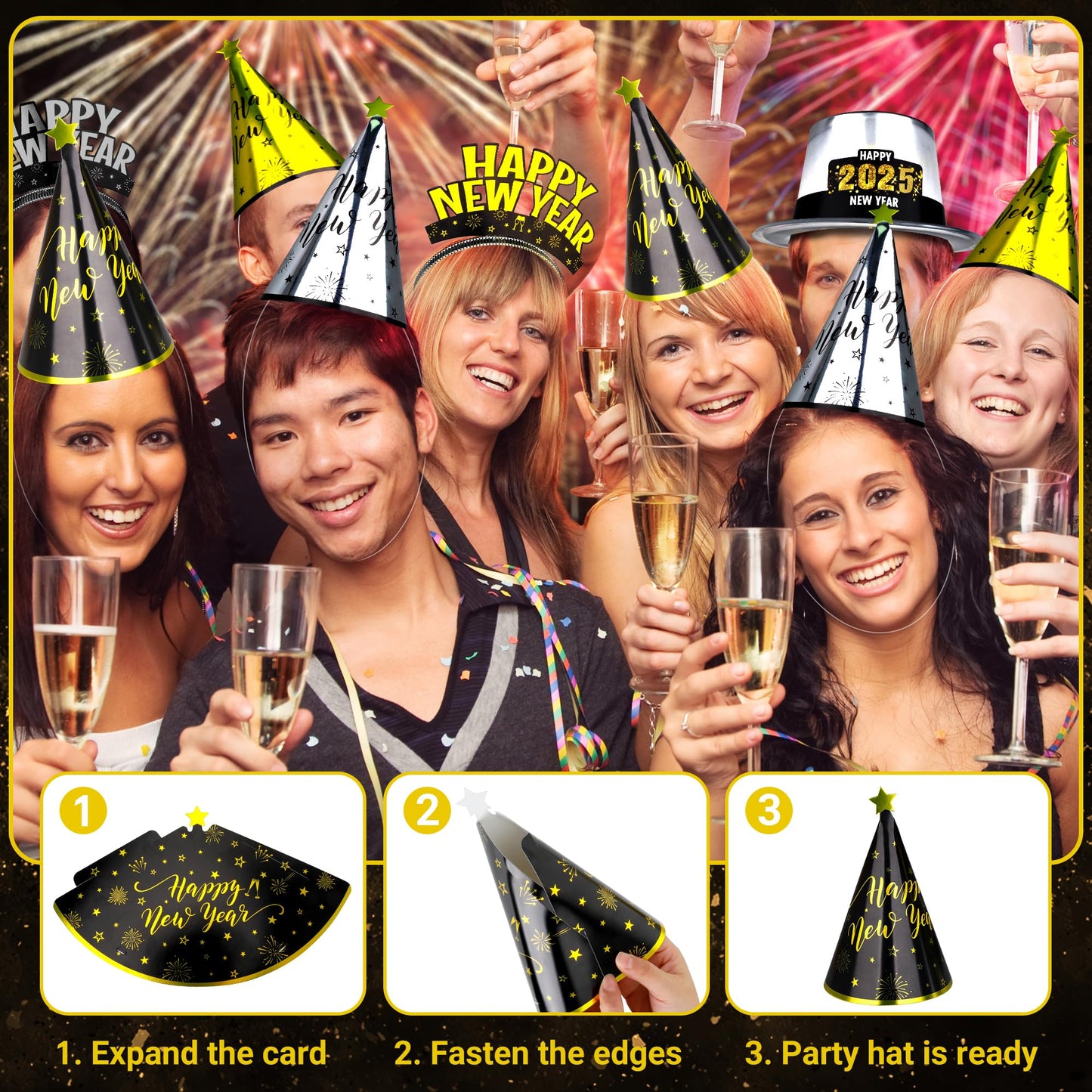 48PCS New Years Eve Party Supplies for 24 Guests - Happy New Year Headband, Gold Black Party Favors, Cone Hats, Horns, Blowouts