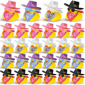 Hanaive 24 Sets Disco Cowboy Rubber Duck with Light up Mini Holographic Space Hat Scarf Sunglasses Cute Bath Rubber Duck Bathtub Accessories Toy Baby Shower Birthday Christmas Supplies (Bright Neon)