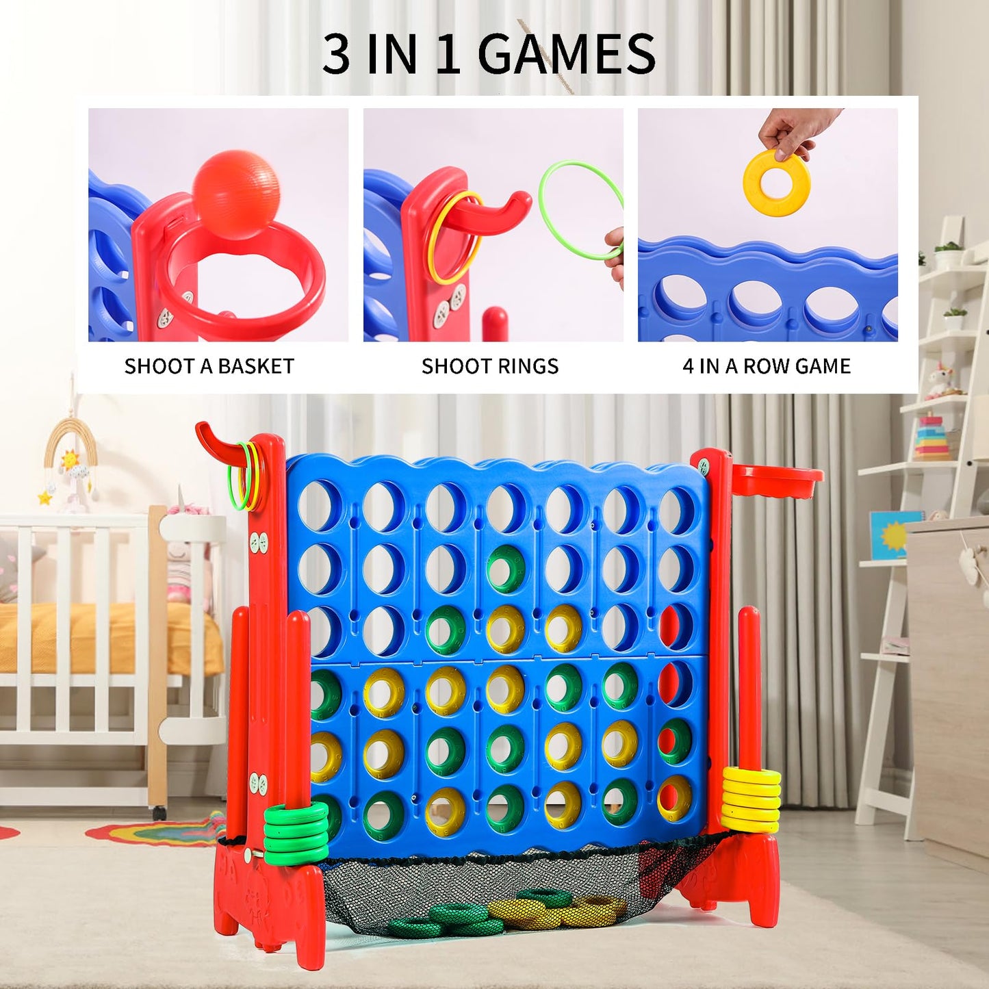 Tigasy Giant 4 Row Game with Carrying Bag and Mesh Fabric .Giant 4-to-Score Game Set Suitable for Indoor and Outdoor Holiday Par