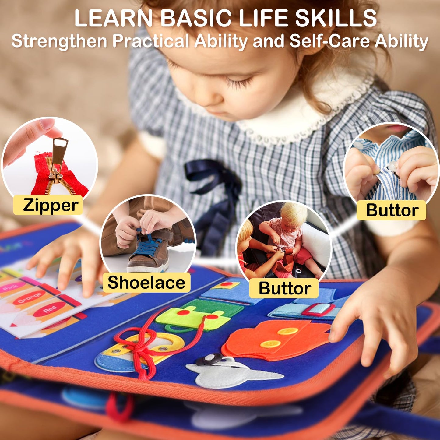 Besnel Busy Board For Toddlers 2-4,Busy Book For Toddlers 1-3,Preschool Educational Activity Sensory Board For Learning Fine Motor Skills,Zipper Board For Toddlers 1-3,Gifts For Boys Girls